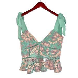 Lovers + Friends crochet top peplum tie straps pastel green pink floral medium